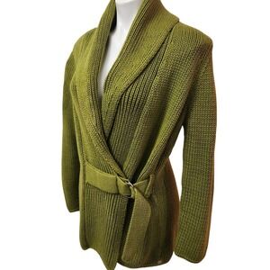 NWT Pure Handknit Green belted Cardigan Women's‎ size l/xl 100% Cotton
